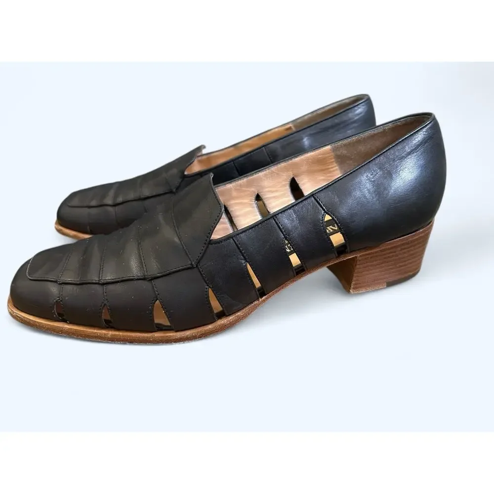 Vintage Mario Valentino Black Low Heeled Cut Out Loafer Dress Shoes size 39.5